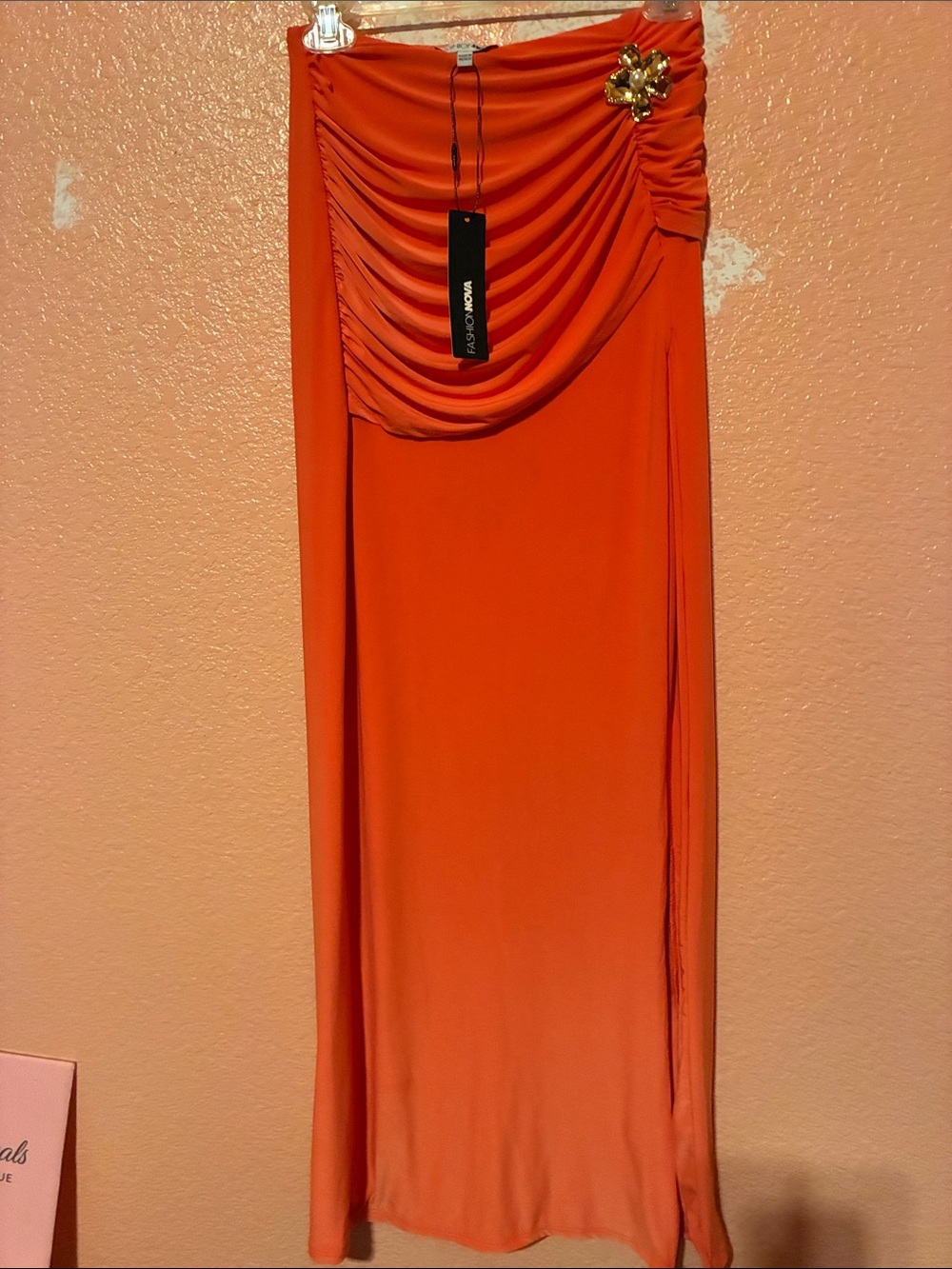 Fashion Nova Orange Ruched Maxi Skirt with Gold Brooch